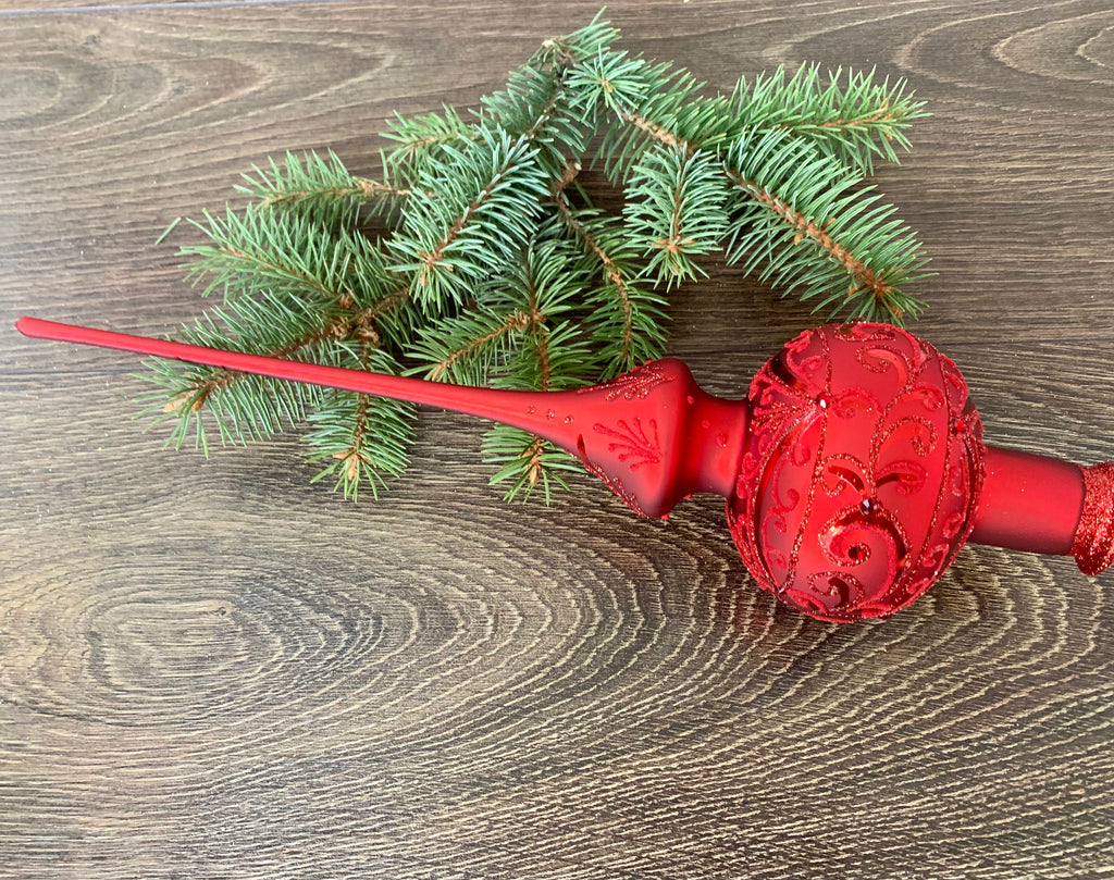 Red Christmas glass tree toppers, big Xmas finial tree top ChristmasboxStore