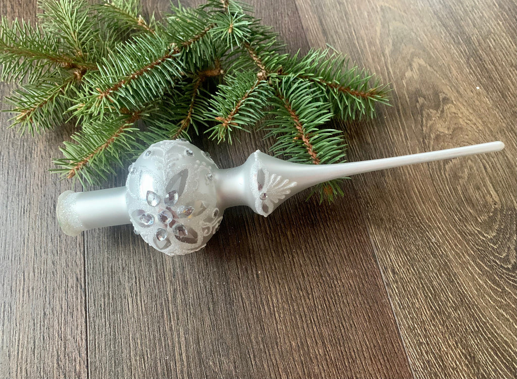 White Christmas Glass Tree Topper 27cm 10.8 Inch, Vintage Tree