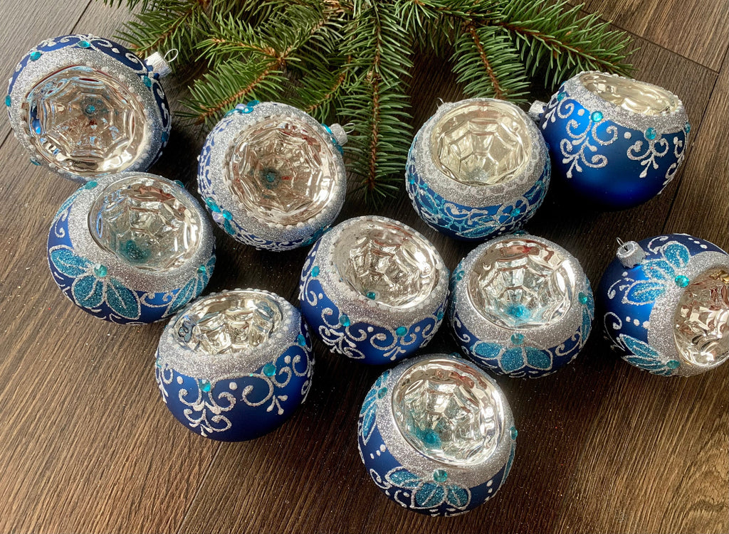 10 blue Handmade indent glass ornaments, Handmade Christmas glass ornaments, Handcrafted Christmas ChristmasboxStore