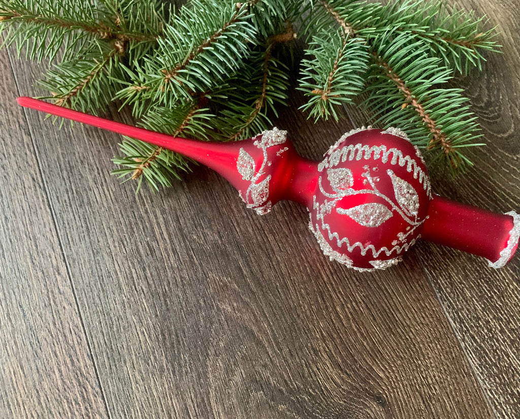 Red Christmas glass tree topper with silver glitter, vintage XMAS finial ChristmasboxStore