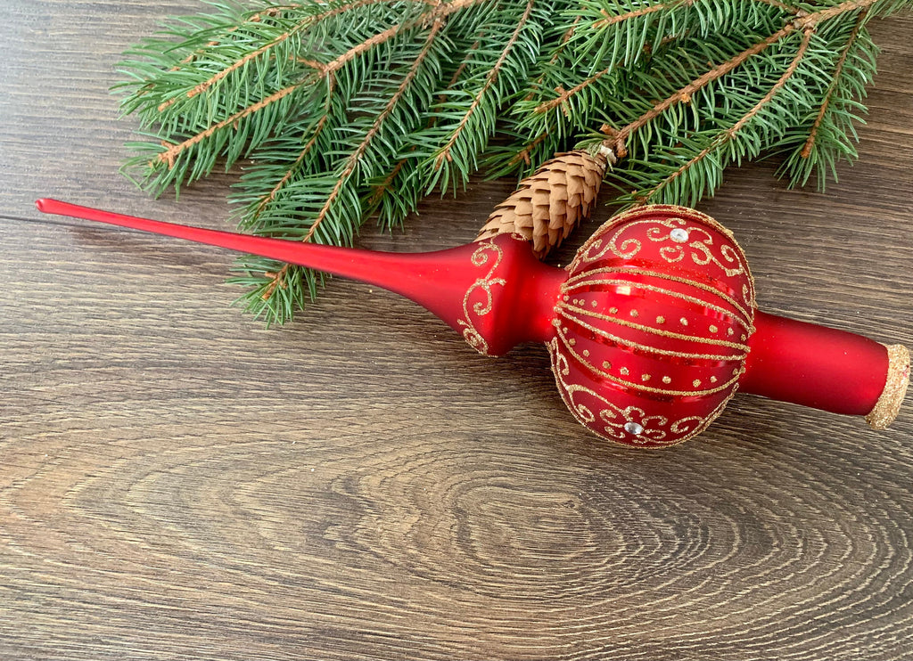 Big Pretty red Christmas glass Tree Finial With A One Ball Section Which Is Accented With gold ChristmasboxStore