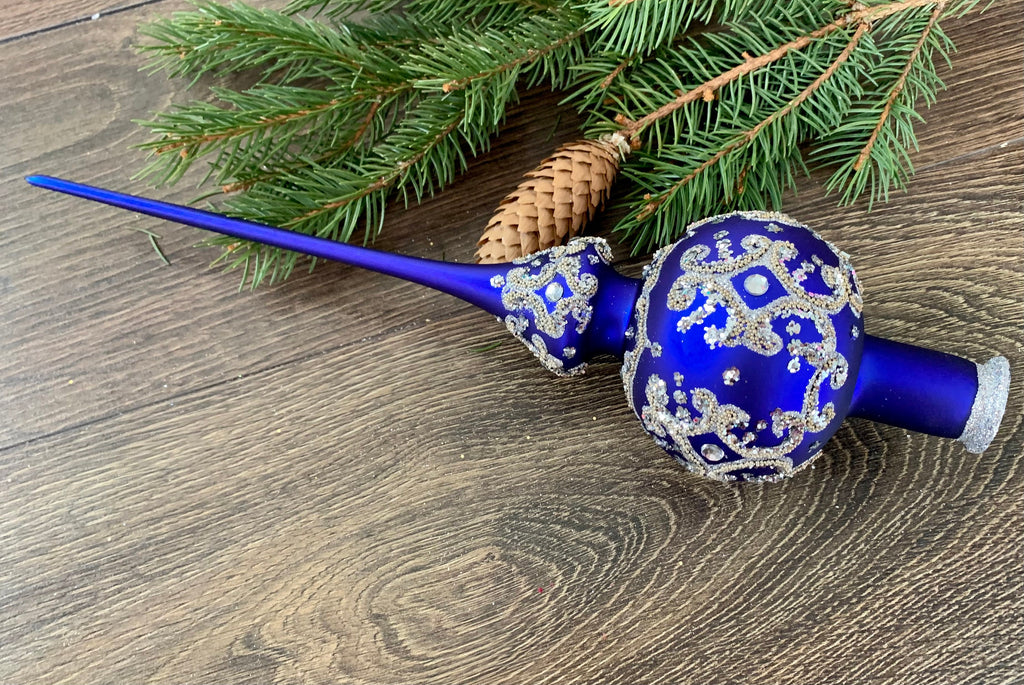 Big blue Christmas Tree Topper Finial with gold ,vintage XMAS glass tree topper ChristmasboxStore