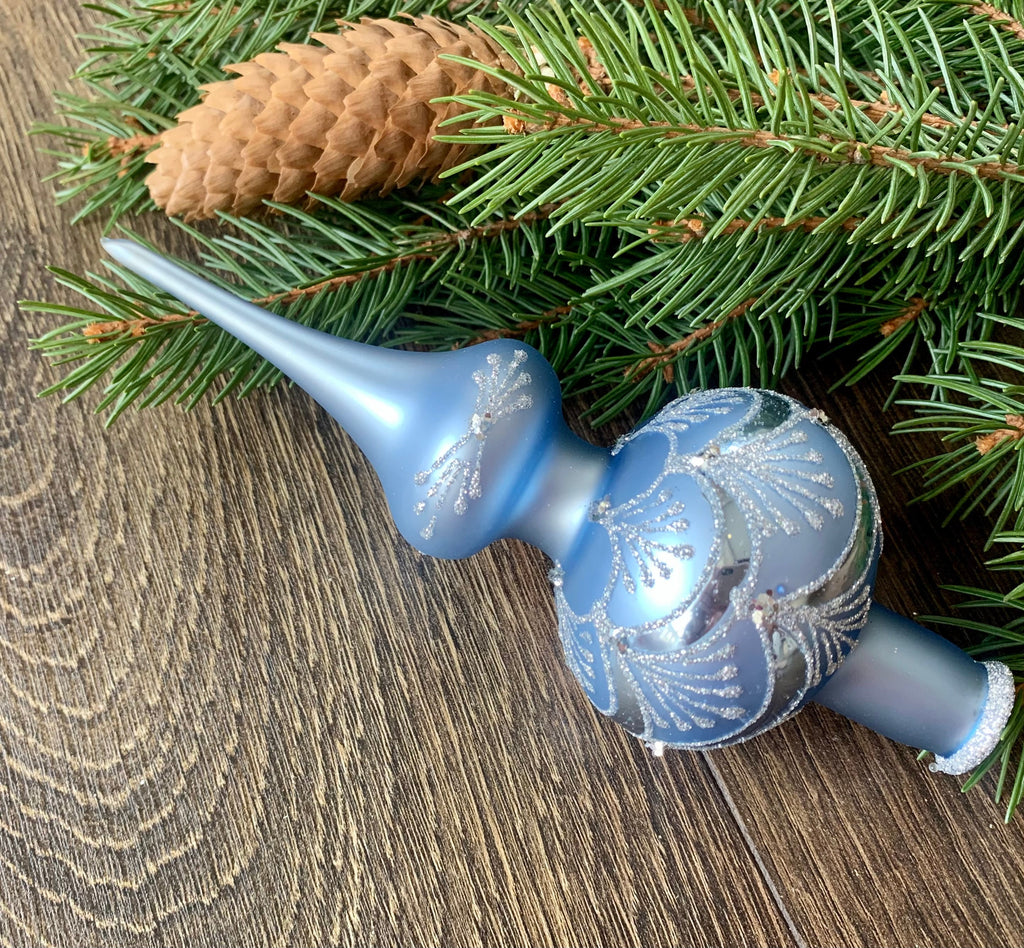 Small blue with silver Christmas glass tree topper, vintage Christmas finial ChristmasboxStore