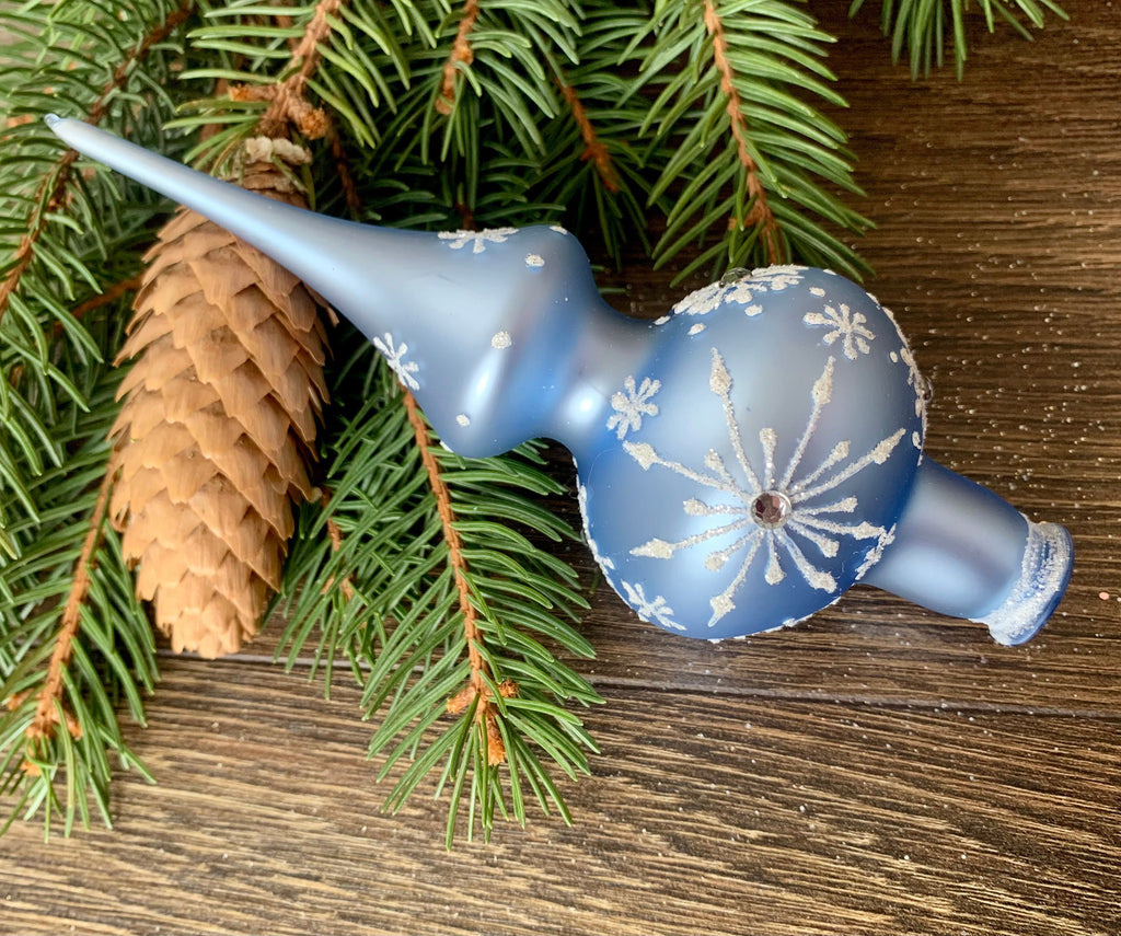 Small blue with snowflakes Christmas glass tree topper, vintage Christmas finial ChristmasboxStore