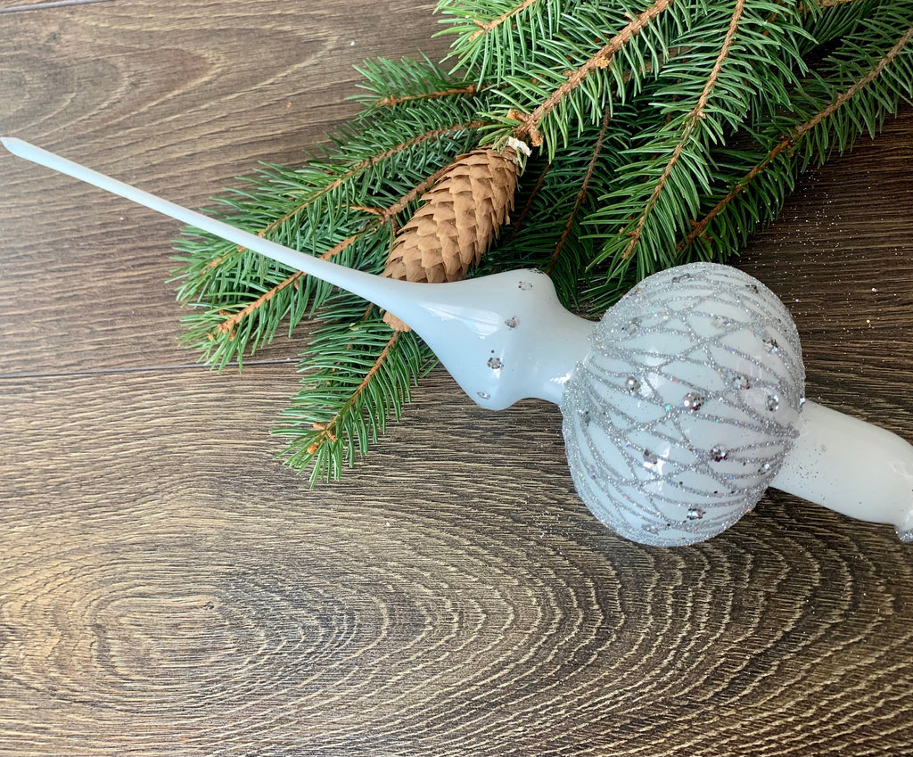 White Christmas glass tree topper with siver patton, vintage XMAS finial ChristmasboxStore